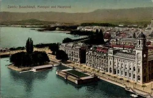 Ak Zürich, Panorama mit Bauschänzli, Metropol und Hauptpost