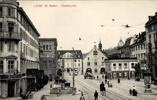 Ak St. Gallen Stadt, Theaterplatz, Brunnen, Geschäfte