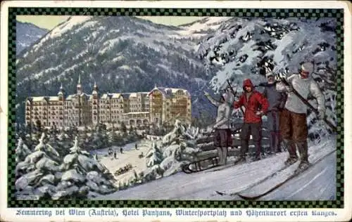 Künstler Ak Semmering bei Wien, Hotel Franz Panhans, Winteransicht, Skifahrer
