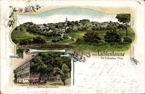 Litho Lichtentanne Probstzella in Thüringen, Grossmanns Gasthaus, Totalansicht von Ort