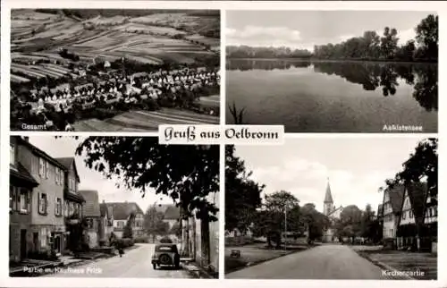 Ak Ölbronn-Dürrn in Baden-Württemberg, Gesamtansicht, Kaufhaus Frick, Kirchpartie, See