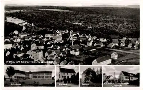 Ak Wernau am Neckar, Fliegeraufnahme, Schulhaus, Rathaus, Schloss, Kolonialwarenhandlung