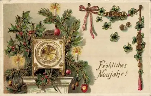 Präge Ak Glückwunsch Neujahr, Kleeblatt, Uhr