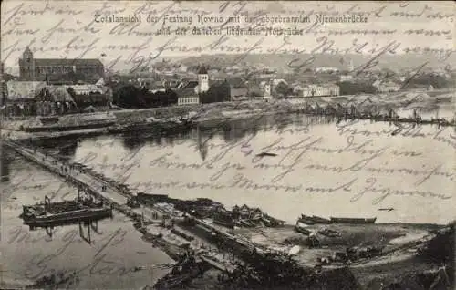 Ak Kaunas Kowno Kauen Litauen, Festung, abgebrannte Niemenbrücke, Notbrücke