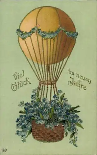 Präge Ak Fröhliches Neujahr, Ballon mit Vergissmeinnicht