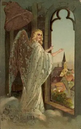 Präge Ak Frohe Ostern, Engel, Kirchenglocke