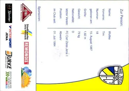 Autogrammkarte Fußballer Tim Wuttke, FC Carl Zeiss Jena, Autogramm