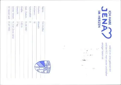 Autogrammkarte Fußballer Tim Wuttke, FC Carl Zeiss Jena, Autogramm