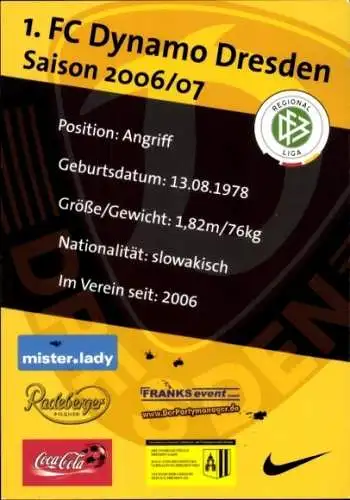 Autogrammkarte Fußballer Jan Koziak, SG Dynamo Dresden, Autogramm