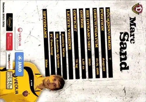 Autogrammkarte Fußballer Marc Sand, SG Dynamo Dresden, Autogramm