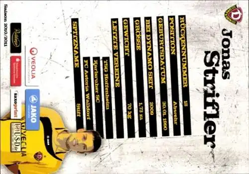 Autogrammkarte Fußballer Jonas Strifler, SG Dynamo Dresden, Autogramm