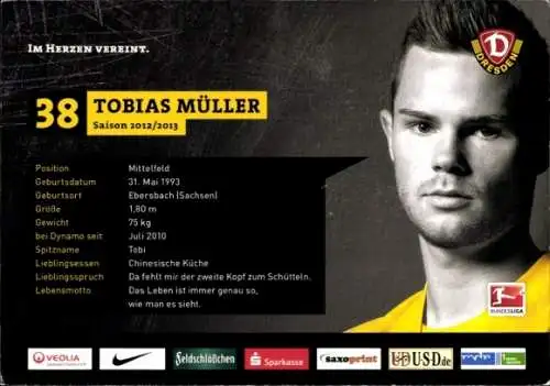 Autogrammkarte Fußballer Tobias Müller, SG Dynamo Dresden, Autogramm