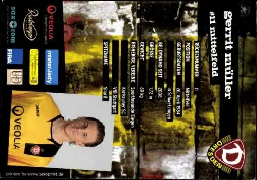 Autogrammkarte Fußballer Gerrit Müller, SG Dynamo Dresden, Autogramm