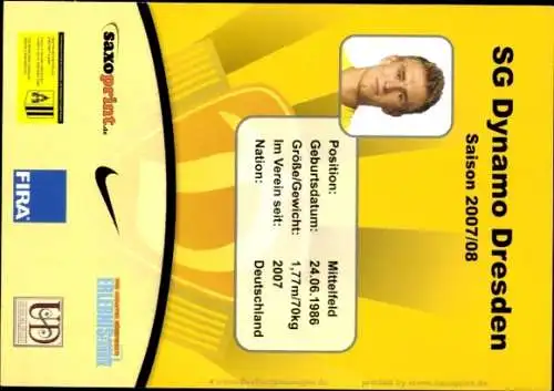 Autogrammkarte Fußballer Benjamin Boltze, SG Dynamo Dresden, Autogramm