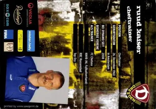 Autogrammkarte Cheftrainer Ruud Kaiser, SG Dynamo Dresden, Autogramm