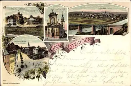 Litho Kitzingen, Panorama, Protestantische Kirche, Kaiser Wilhelm Straße, Königsplatz, Progymnasium