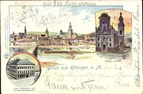 Litho Kitzingen am Main, Teilansicht, Protestantische Kirche, Industrie- und Haushaltungsschule