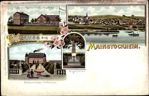 Litho Mainstockheim Unterfranken, Brückner'sches Schlösschen, Haltestelle Buchbrunn, Kriegerdenkmal