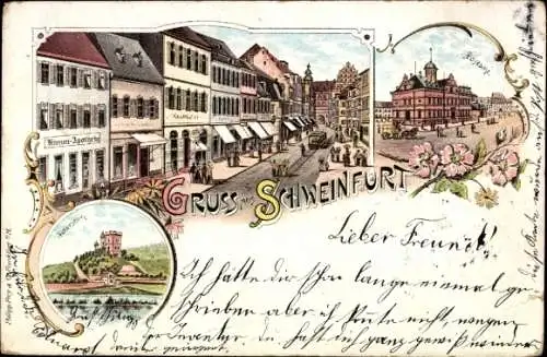 Litho Schweinfurt in Unterfranken Bayern, Postamt, Peterstirn, Straße, Geschäftshäuser, Apotheke