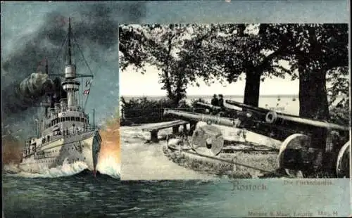 Passepartout Ak Hansestadt Rostock, Fischerbastion, Kanonen, Kriegsschiff