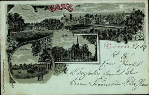 Mondschein Litho Bad Doberan in Mecklenburg, Stahlbad, Kirche, Kamp-Platz, Panorama