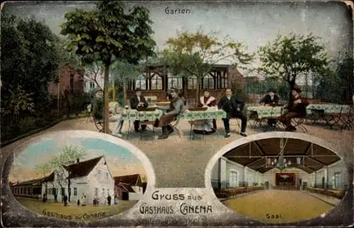 Ak Kanena Bruckdorf Halle an der Saale, Gasthaus Canena, Garten, Saal