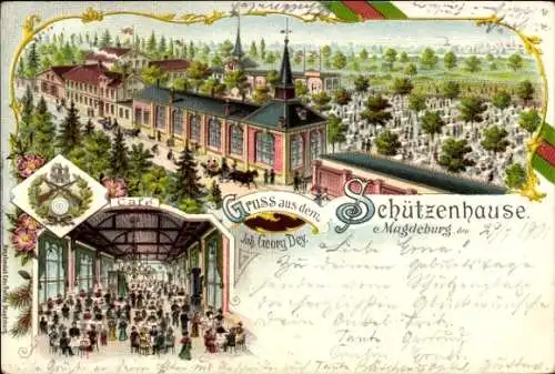 Litho Magdeburg in Sachsen Anhalt, Gasthaus Schützenhaus, Inh. Georg Dey, Saal