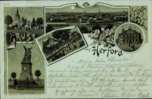 Mondschein Litho Herford in Westfalen, Schützenhof, Post, Münsterkirche, Kriegerdenkmal, Bahnhof