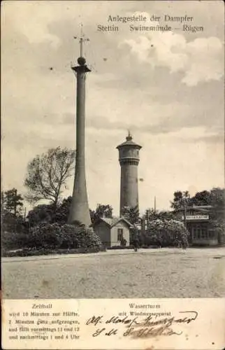 Ak Świnoujście Swinemünde Pommern, Zeitball, Wasserturm mit Windmessapparat