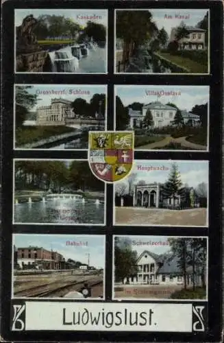 Ak Ludwigslust in Mecklenburg, Schloss, Bahnhof, Hauptwache, Schweizerhaus, Villa Gustava, Kaskaden