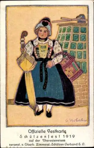 Künstler Ak Urbahn, O., Schützenfest 1919 Theresienwiese München, Dachauer Bäuerin in Tracht, 19.Jh.
