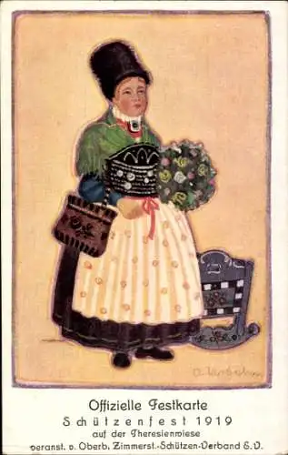 Künstler Ak Urbahn, O., Schützenfest 1919 Theresienwiese München, Starnberger Bäuerin, Tracht 19.Jh.