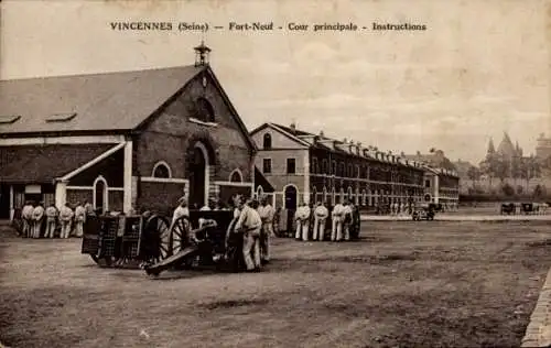 Ak Vincennes Val de Marne, Historische Militärszene, Kanone, Soldaten, Gebäude, Fort-Neuf