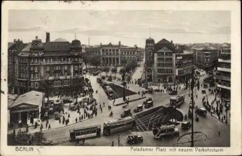 Ak Berlin Tiergarten, Potsdamer Platz, neuer Verkehrsturm, Straßenverkehr