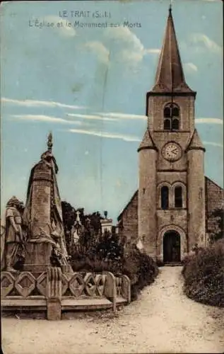 Ak Le Trait Seine Maritime, Kirche, Denkmal, Uhrturm, Skulpturen, grüne Umgebung