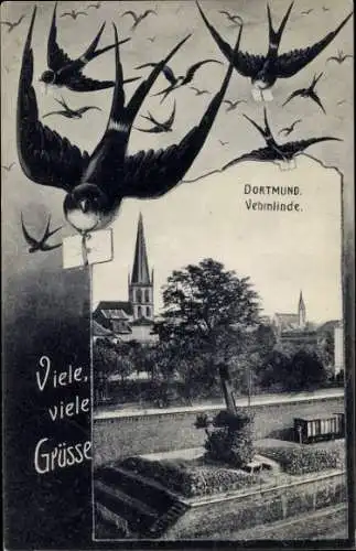 Ak Dortmund im Ruhrgebiet, Vögel, Kirche, parkartige Landschaft, viele Grüße