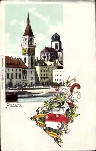 Ak Passau in Niederbayern, Historische Gebäude, Stadtansicht, Wappen von Passau