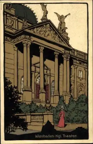 Ak Wiesbaden in Hessen, Wiesbaden-Kgl. Theater, beeindruckende Architektur, Figurengruppen, Fr...