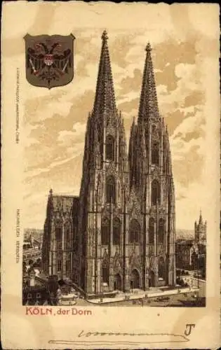 Ak Köln am Rhein, Der Kölner Dom, gotische Architektur, Wappen oben links, Postkartenformat