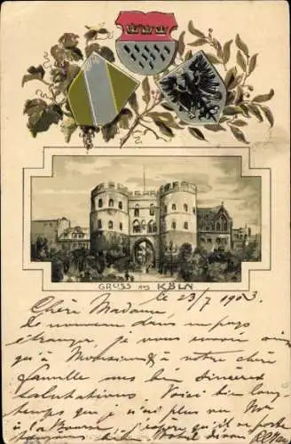 Ak Köln am Rhein, Historisches Bauwerk, Wappen, Pflanzenornamente, Gruß aus Köln