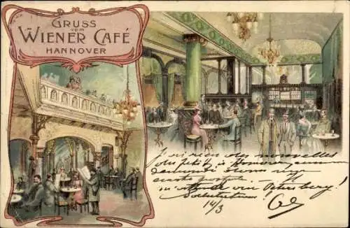 Litho Hannover in Niedersachsen, Wiener Café, historische Innenszene