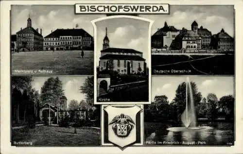 Ak Bischofswerda in Sachsen, Marktplatz, Rathaus, Deutsche Oberschule, Butterberg, Kirche, Wappen