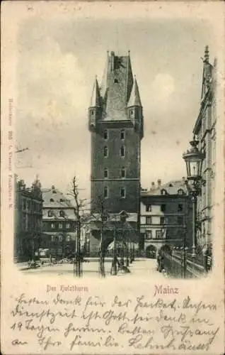 Ak Mainz am Rhein, Holzturm  historische Stadtansicht, Reliefkarte, winterliche Szenerie