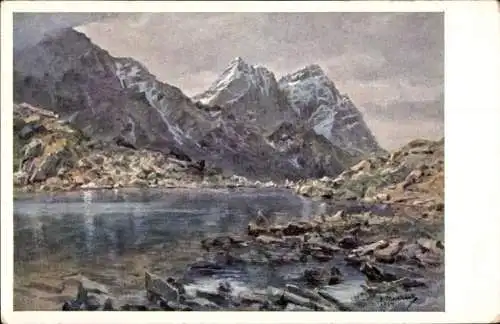Ak Tirol Österreich, Berglandschaft mit schneebedeckten Gipfeln, Bergsee, Felsen