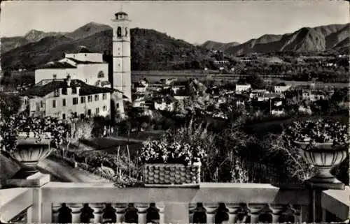 Ak Lugano Kanton Tessin Schweiz, Panoramablick, Kirche, Uhrturm, Berglandschaft, Blumenpflanzen