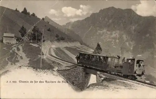 Ak Veytaux Kanton Waadt, Rochers de Naye, Dampfzug auf Eisenbahnbrücke, Berge im Hintergrund, Wal