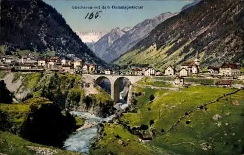 Ak Göschenen Kt. Uri, Blick zum Ort mit Dammagletscher