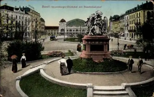 Ak Bâle Basel Stadt Schweiz, Strassburger Denkmal, Bundesbahnhof