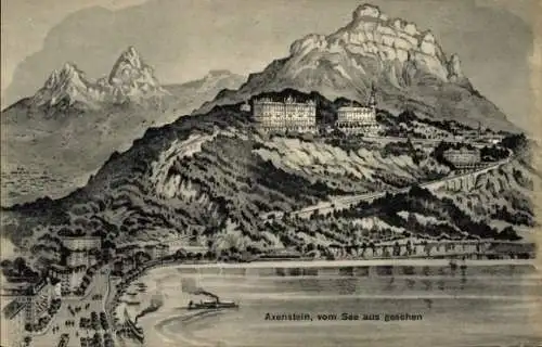Ak Axenstein Kanton Schwyz, Berglandschaft, Hotel, See,  