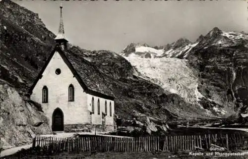 Ak Gletsch Obergoms Kanton Wallis, Kapelle und Rhonegletscher, Berglandschaft, alte Kirche